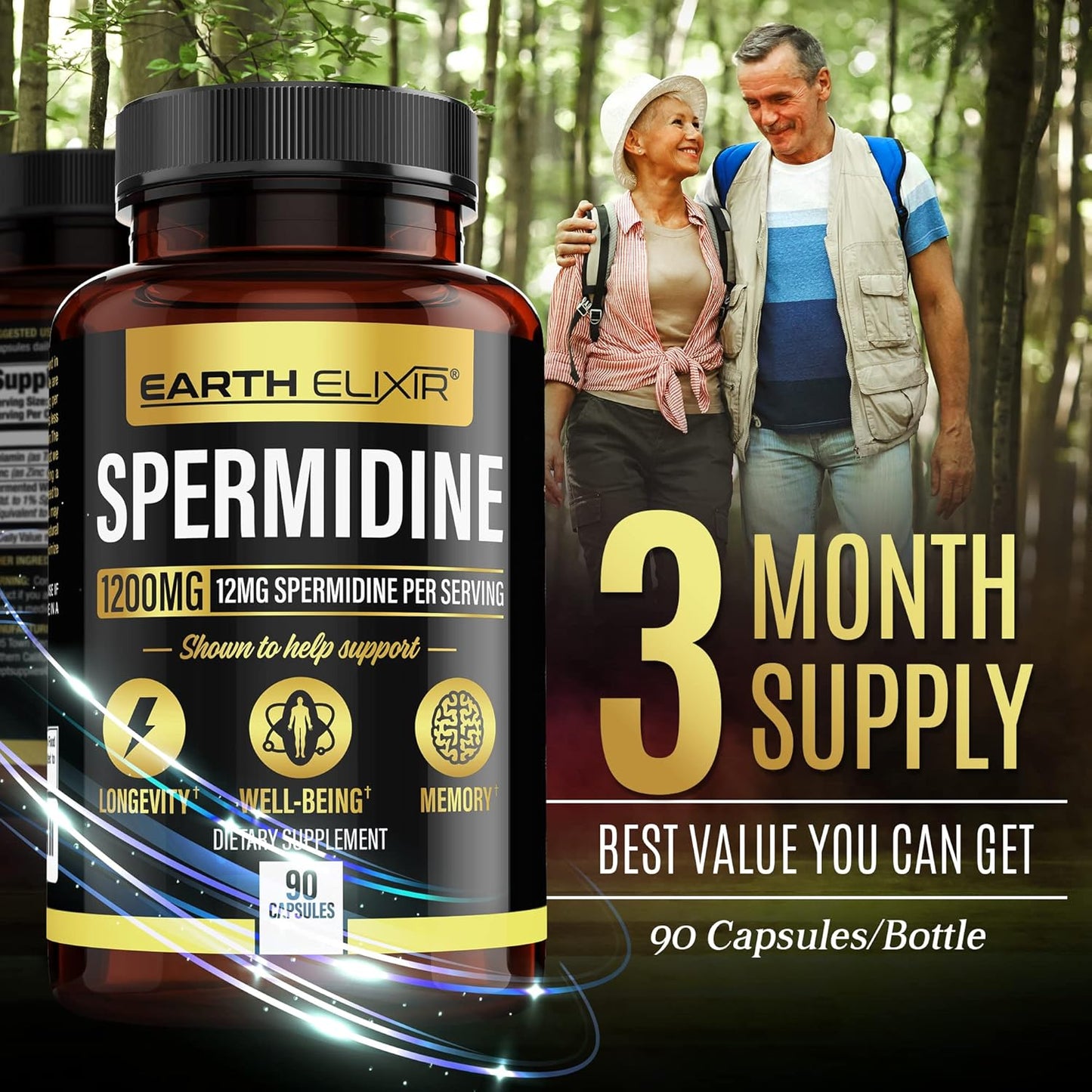 1200mg Earth Elixir Spermidine Supplements - Anti Aging Capsules - 3rd Party Tested - High Purity Espermidina - Wheat Germ Extract - NMN Alternative