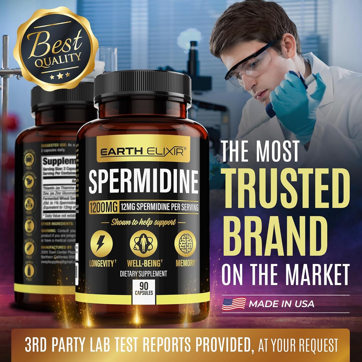 1200mg Earth Elixir Spermidine Supplements - Anti Aging Capsules - 3rd Party Tested - High Purity Espermidina - Wheat Germ Extract - NMN Alternative
