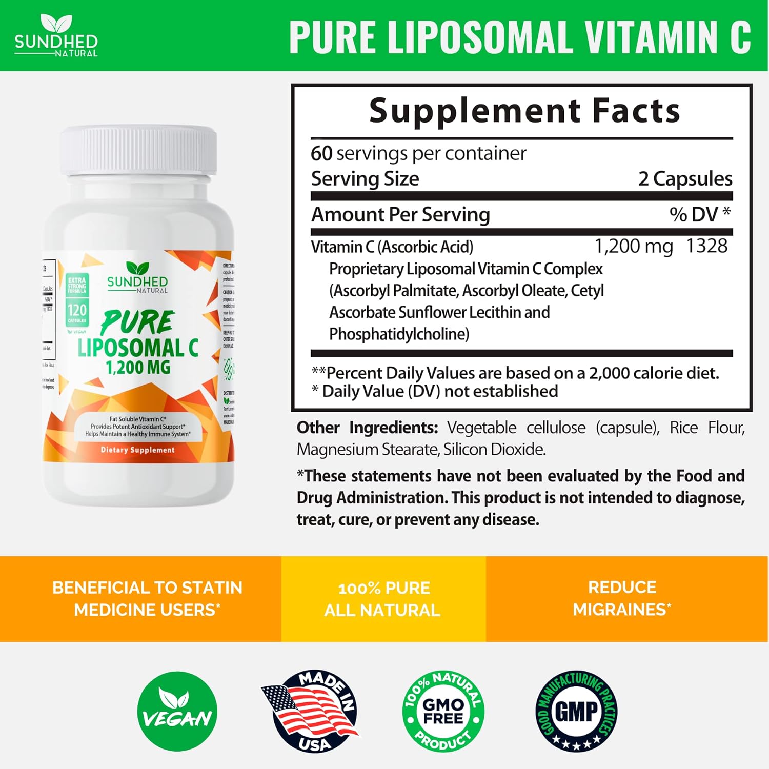 1200mg Liposomal Vitamin C Capsules for Immune Support, Collagen Health, Anti Aging Skin - Pure Natural Formula with Sunflower Lecithin - 2 Month Supply