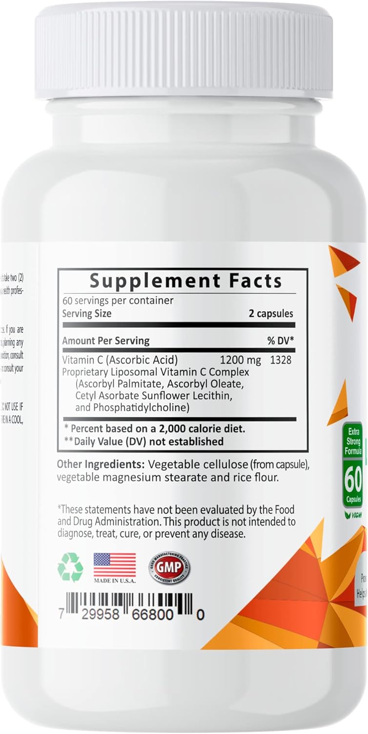 1200mg Liposomal Vitamin C Capsules for Immune Support, Collagen Health, Anti Aging Skin - Pure Natural Formula with Sunflower Lecithin - 2 Month Supply