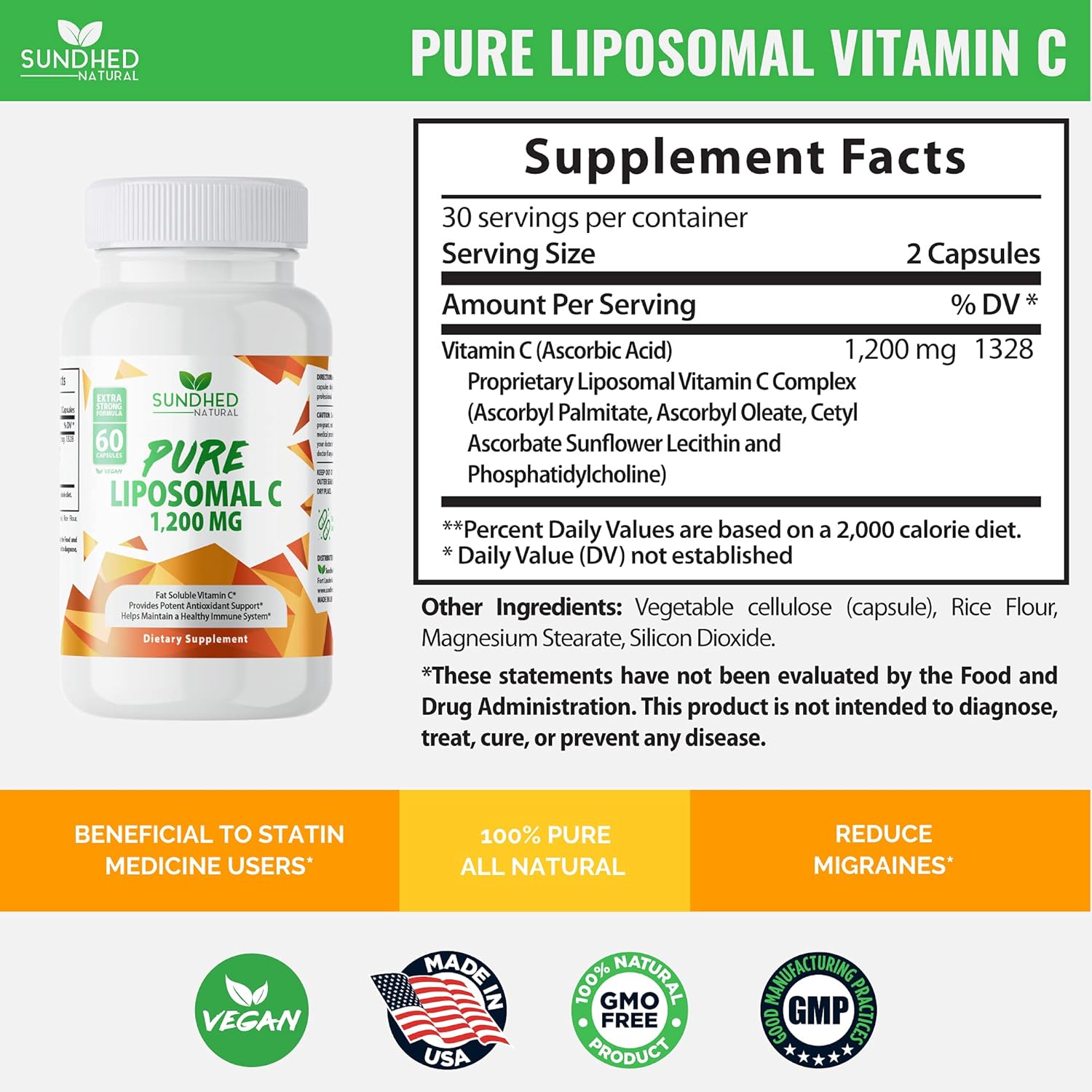 1200mg Liposomal Vitamin C Capsules with Sunflower Lecithin for Immune System & Collagen Health Booster - 60 Count