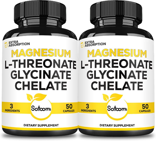 1200mg Magnesium L-Threonate Supplement with Glycinate & Chelate - 2 Packs of 50 Capsules