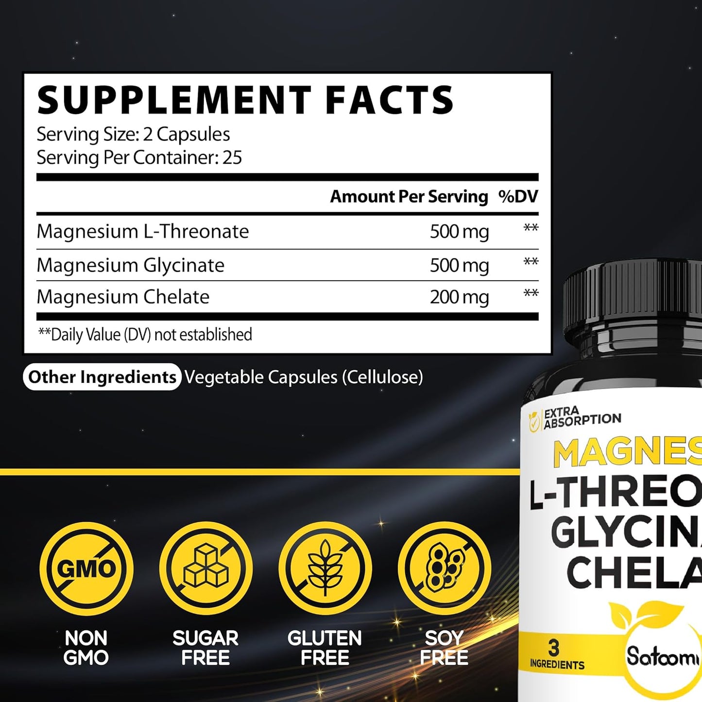 1200mg Magnesium L-Threonate Supplement with Glycinate & Chelate - 2 Packs of 50 Capsules