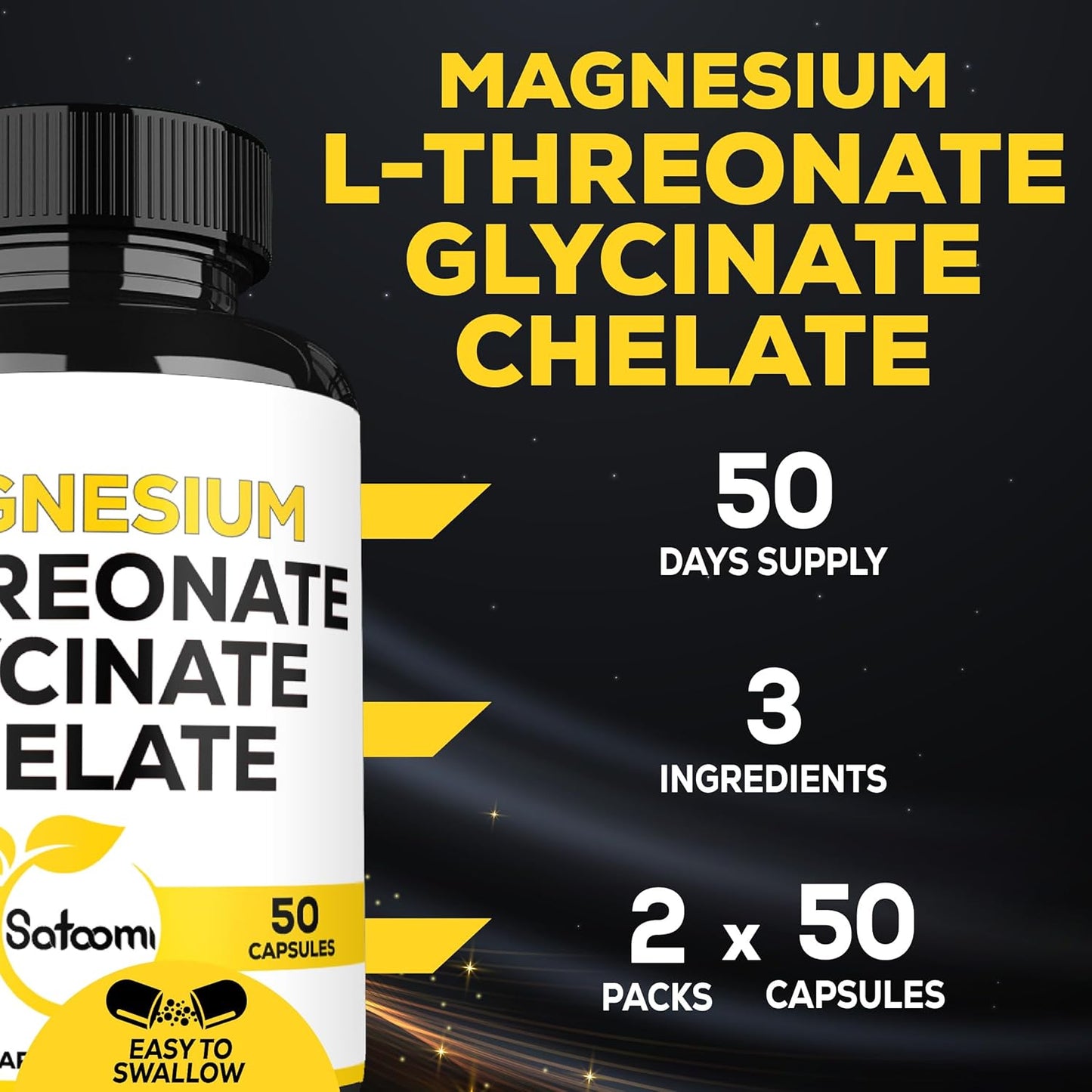 1200mg Magnesium L-Threonate Supplement with Glycinate & Chelate - 2 Packs of 50 Capsules