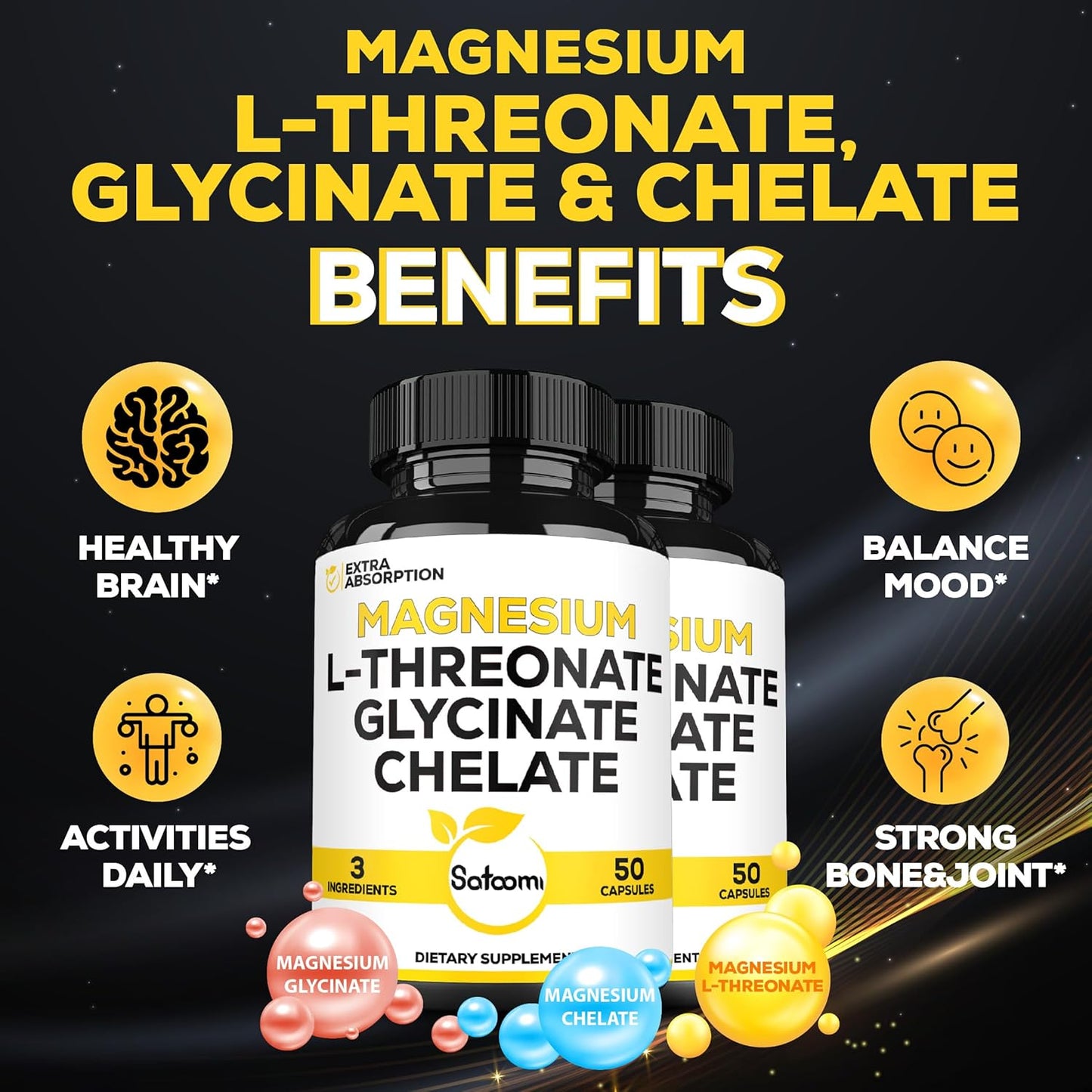 1200mg Magnesium L-Threonate Supplement with Glycinate & Chelate - 2 Packs of 50 Capsules