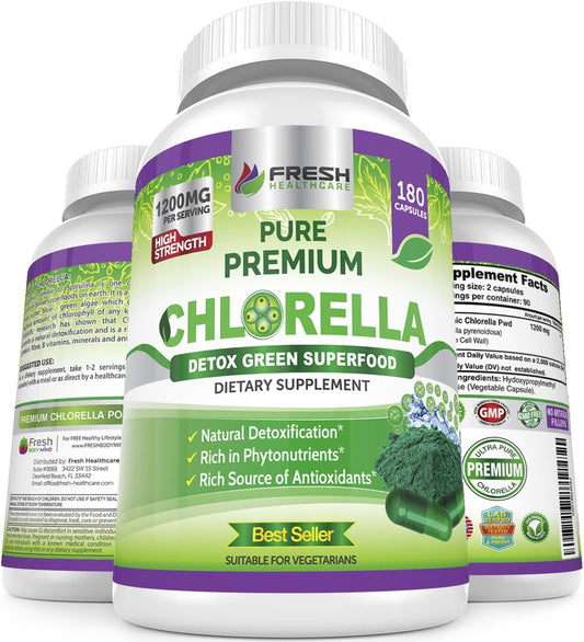 1200mg Premium Chlorella Supplement Capsules - Vegan Superfood Detox with B Vitamins & Minerals, 180 Pills