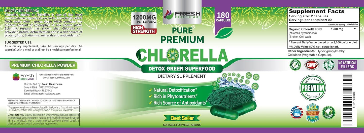 1200mg Premium Chlorella Supplement Capsules - Vegan Superfood Detox with B Vitamins & Minerals, 180 Pills