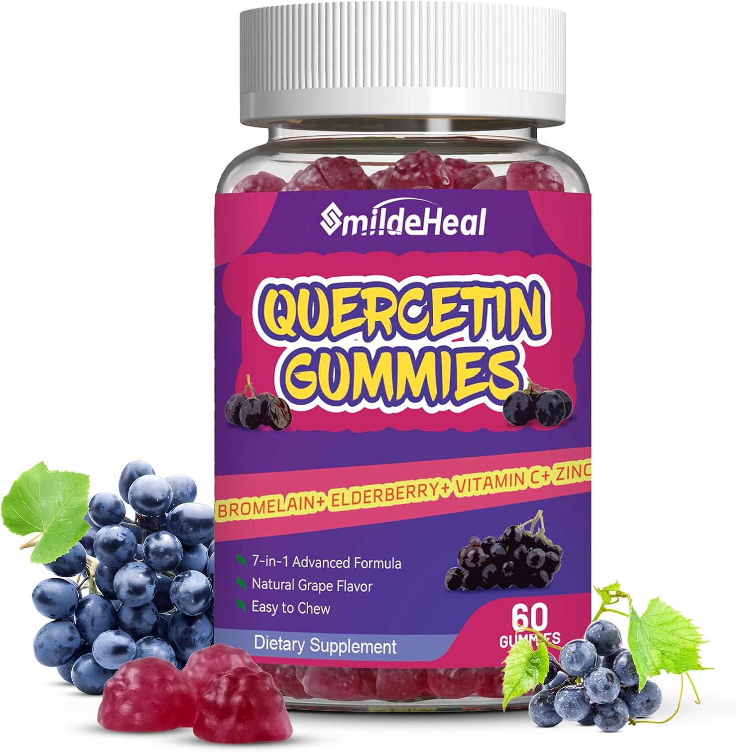 1200MG Quercetin Gummies with Bromelain, Zinc, and Vitamin C - 60 Vegan Gummies for Adults and Kids by SmildeHeal