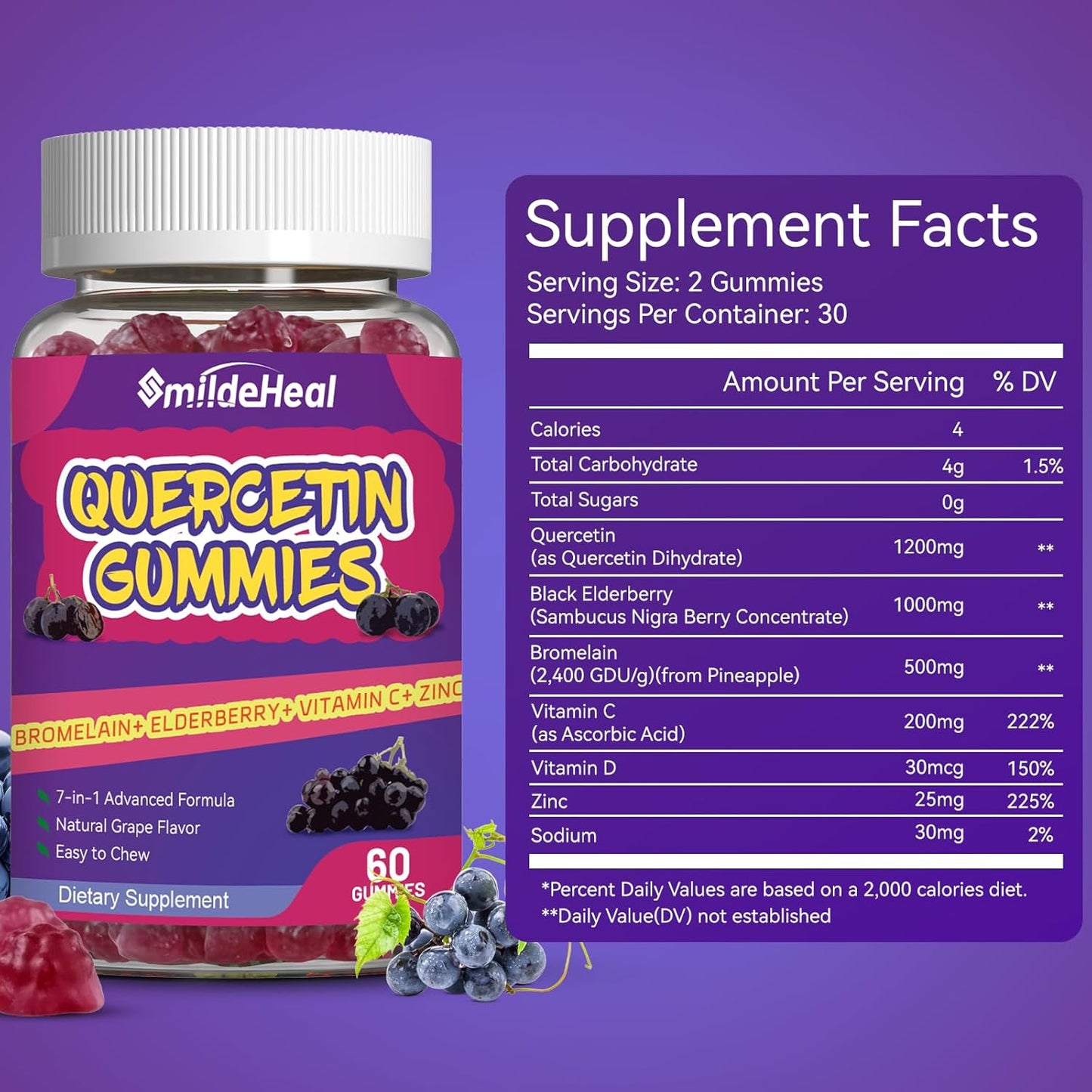 1200MG Quercetin Gummies with Bromelain, Zinc, and Vitamin C - 60 Vegan Gummies for Adults and Kids by SmildeHeal