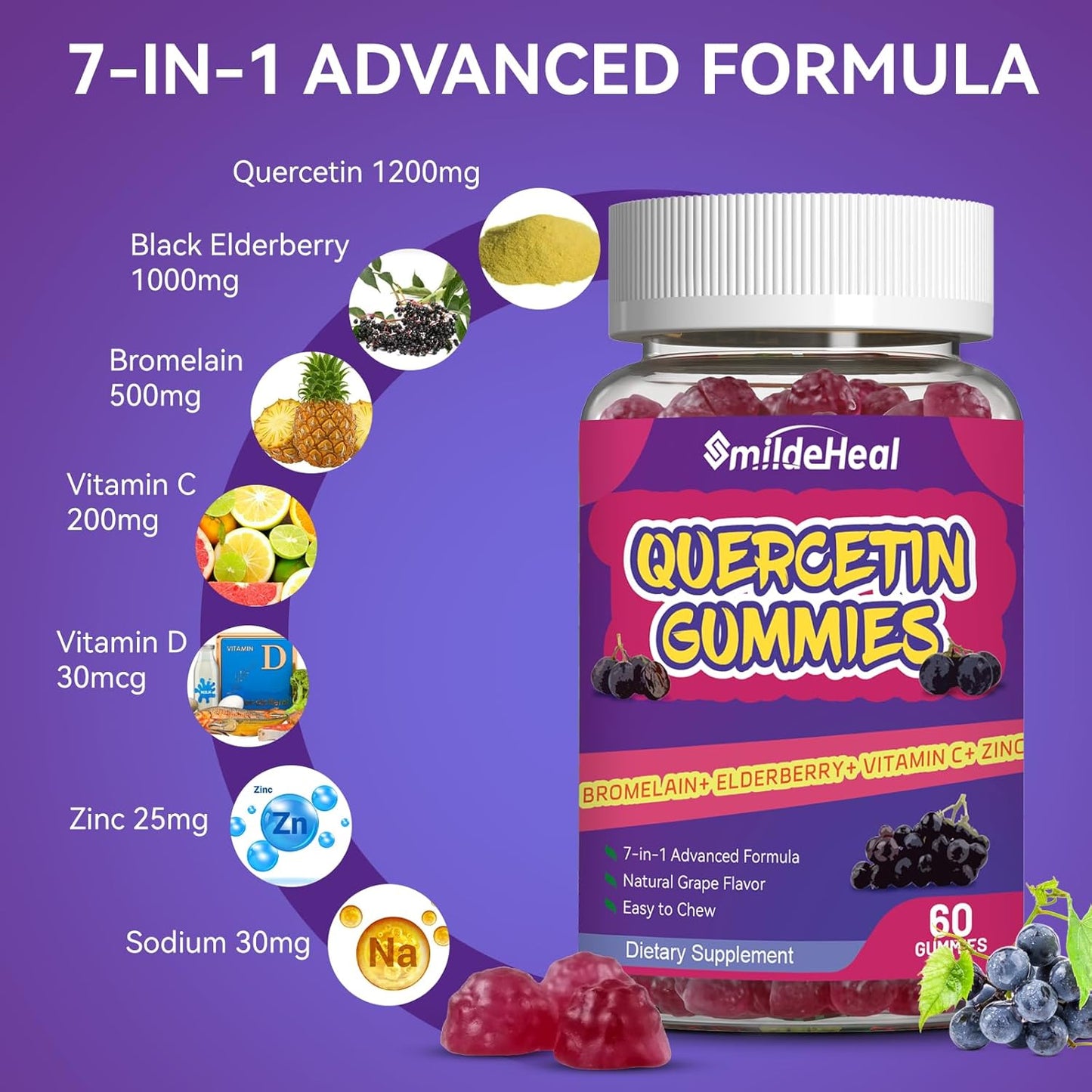1200MG Quercetin Gummies with Bromelain, Zinc, and Vitamin C - 60 Vegan Gummies for Adults and Kids by SmildeHeal