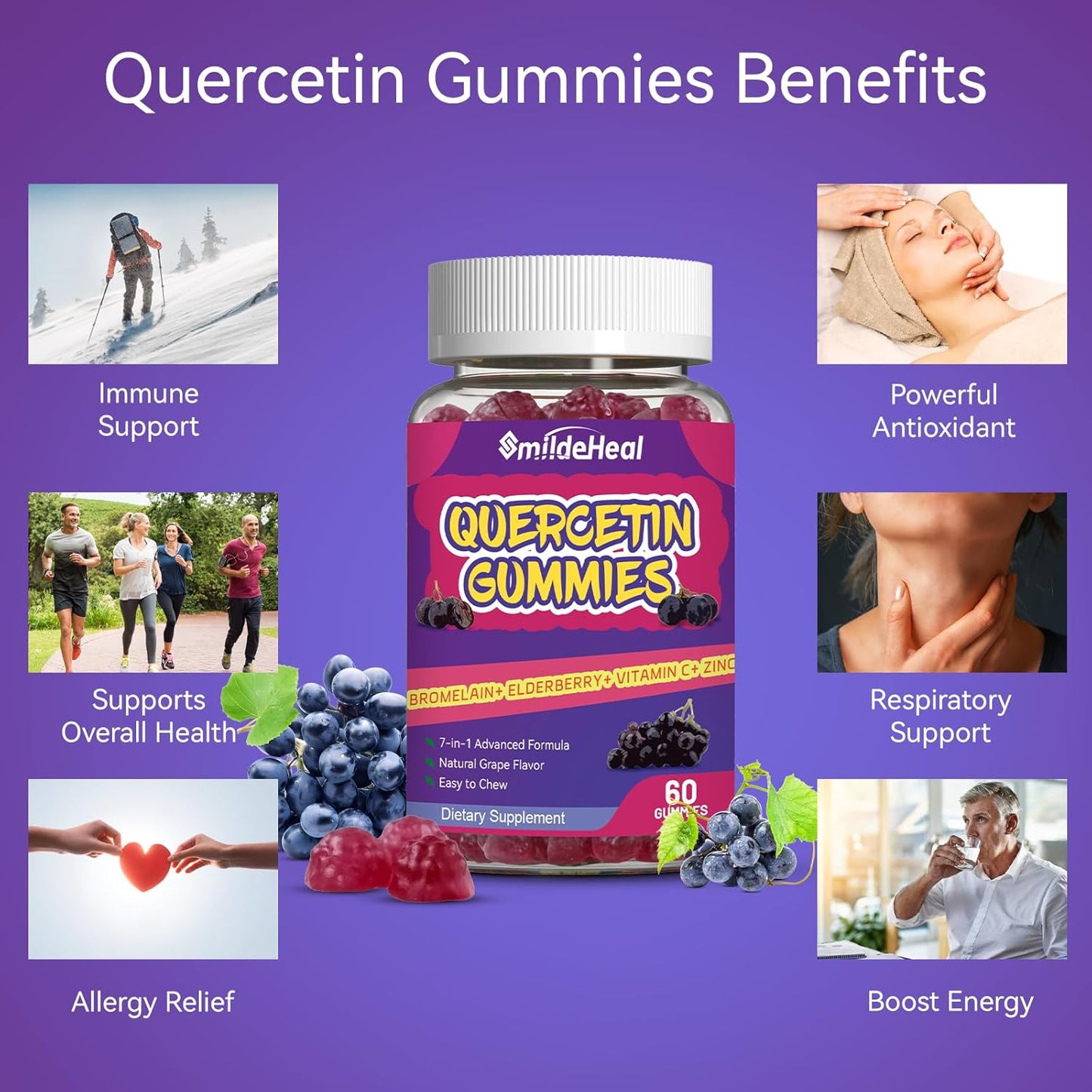 1200MG Quercetin Gummies with Bromelain, Zinc, and Vitamin C - 60 Vegan Gummies for Adults and Kids by SmildeHeal
