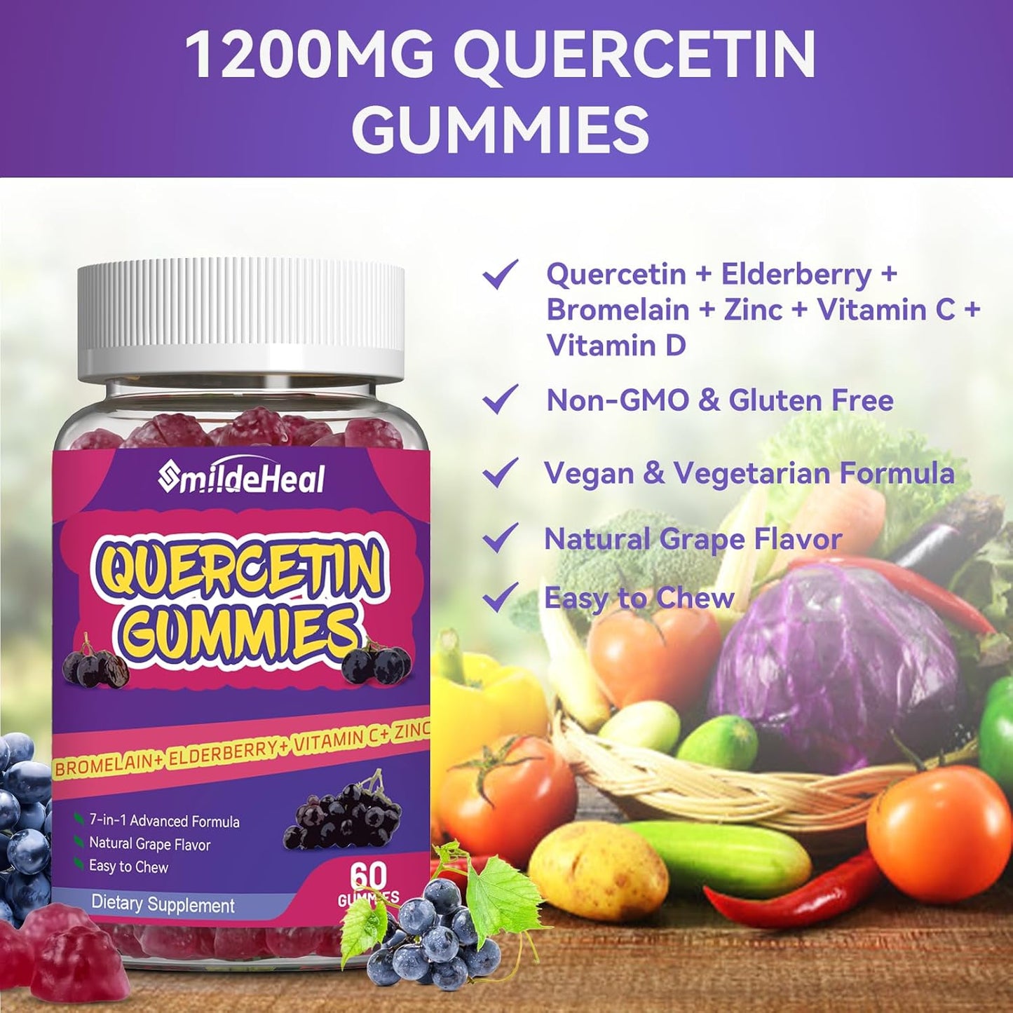 1200MG Quercetin Gummies with Bromelain, Zinc, and Vitamin C - 60 Vegan Gummies for Adults and Kids by SmildeHeal