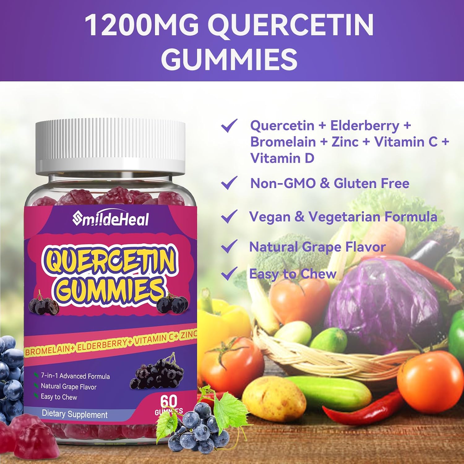 1200MG Quercetin Gummies with Bromelain, Zinc, and Vitamin C - 60 Vegan Gummies for Adults and Kids by SmildeHeal