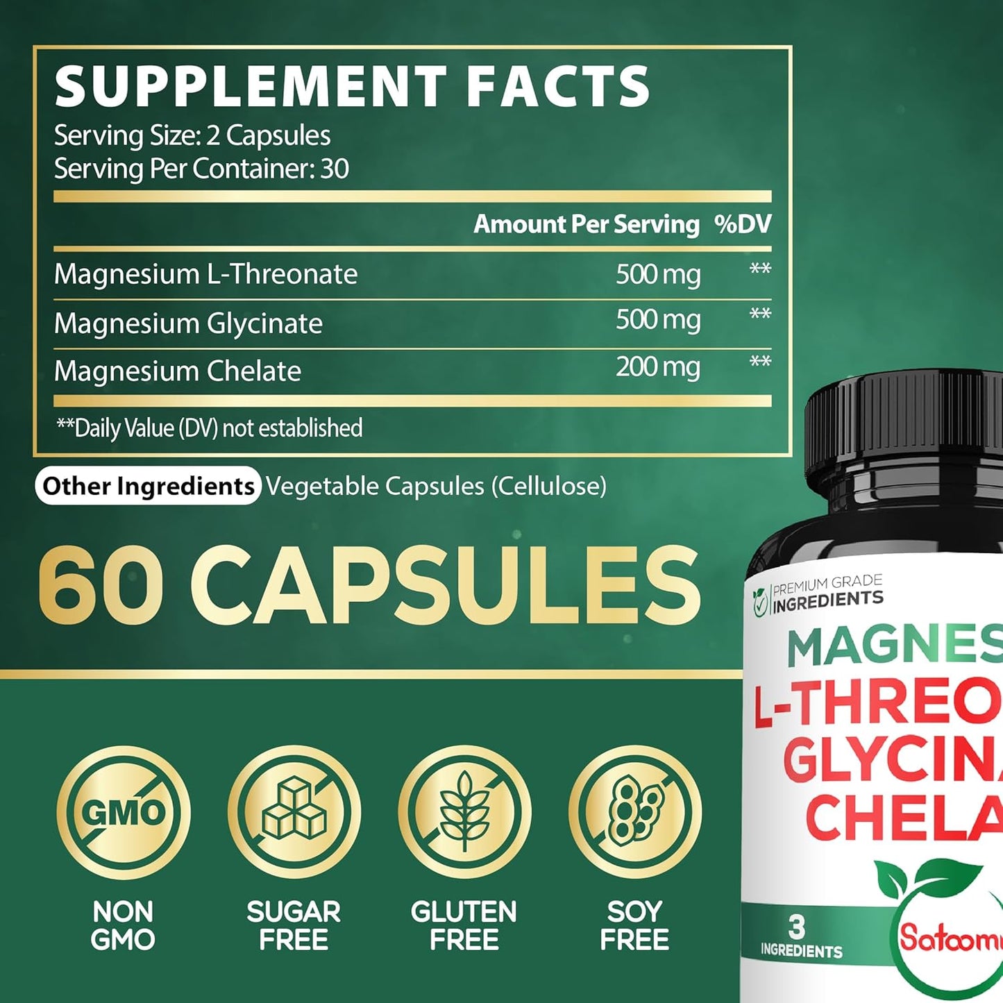 1200mg Satoomi Magnesium L-Threonate Supplement with Glycinate & Chelate - 60 Vegan Capsules