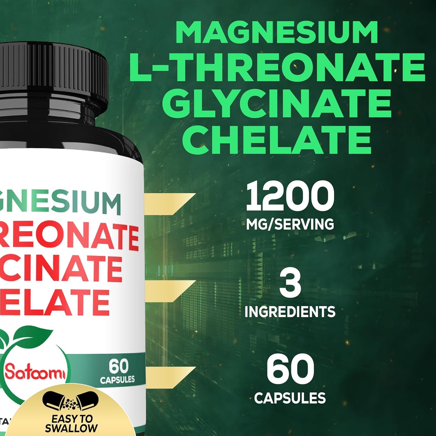 1200mg Satoomi Magnesium L-Threonate Supplement with Glycinate & Chelate - 60 Vegan Capsules