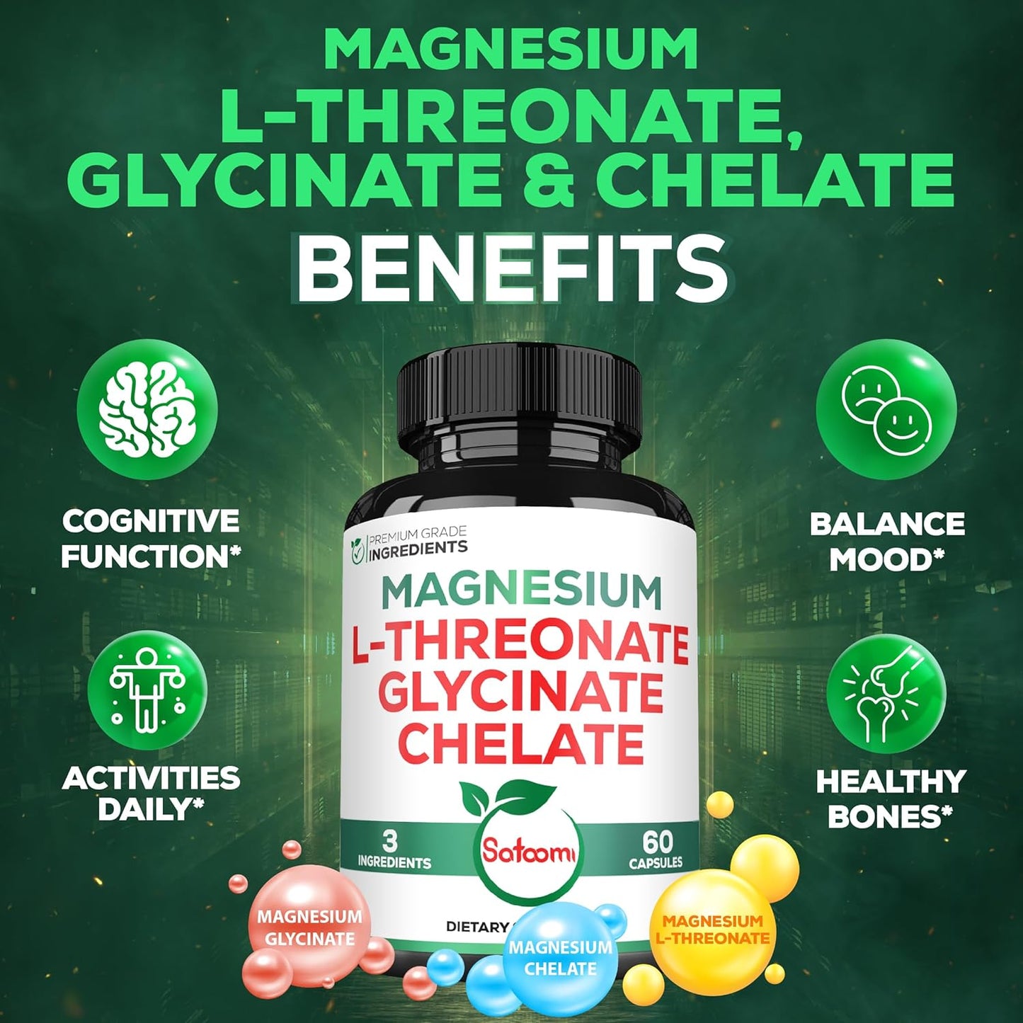 1200mg Satoomi Magnesium L-Threonate Supplement with Glycinate & Chelate - 60 Vegan Capsules