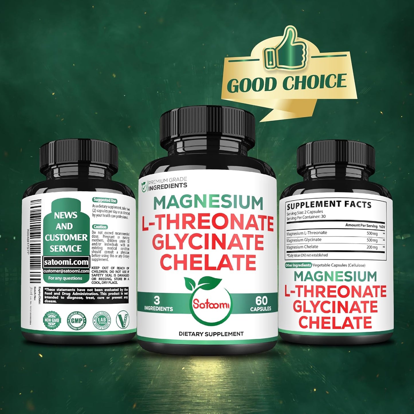 1200mg Satoomi Magnesium L-Threonate Supplement with Glycinate & Chelate - 60 Vegan Capsules