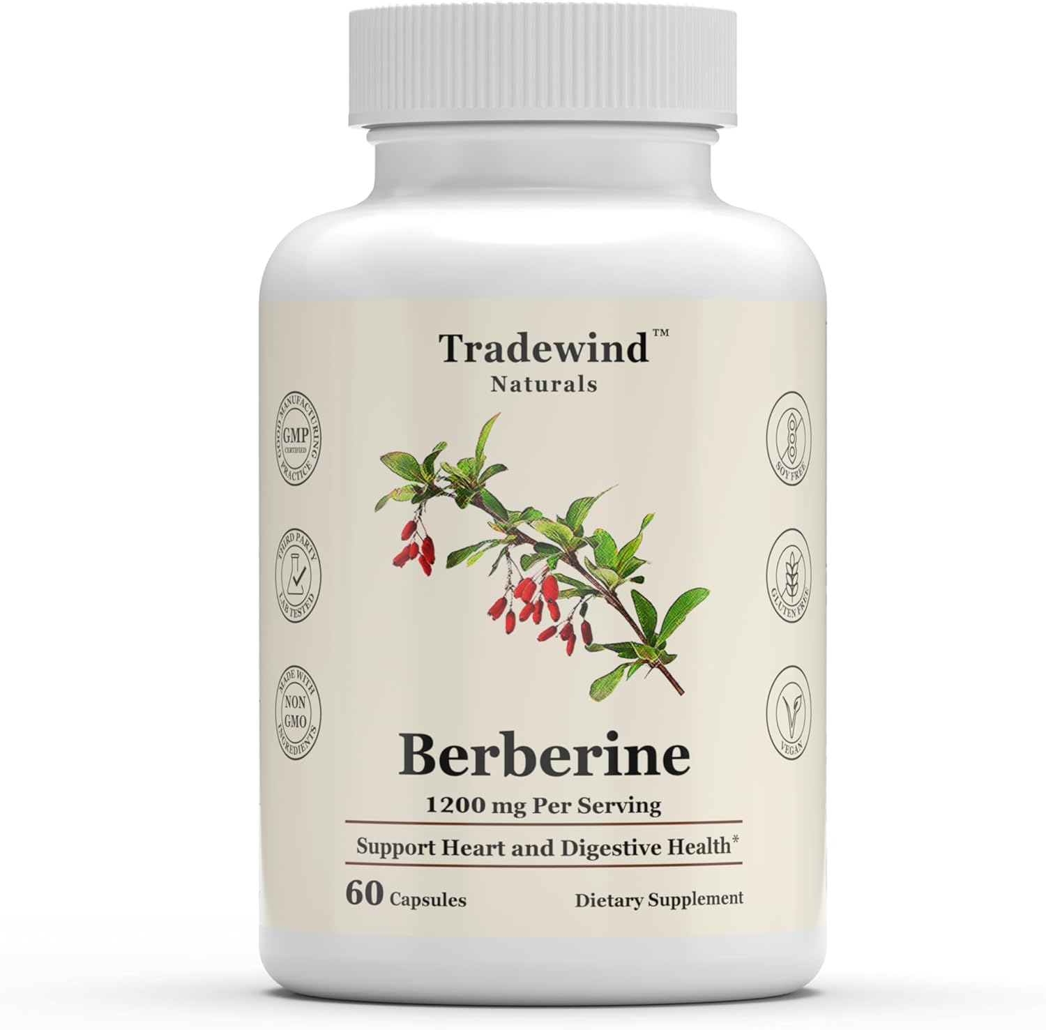 1200mg Tradewind Naturals Berberine Capsules - Vegan & Non-GMO - Promotes Heart, Digestive, and Immune Health - 60 Veg Caps