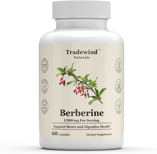 1200mg Tradewind Naturals Berberine Capsules - Vegan & Non-GMO - Promotes Heart, Digestive, and Immune Health - 60 Veg Caps