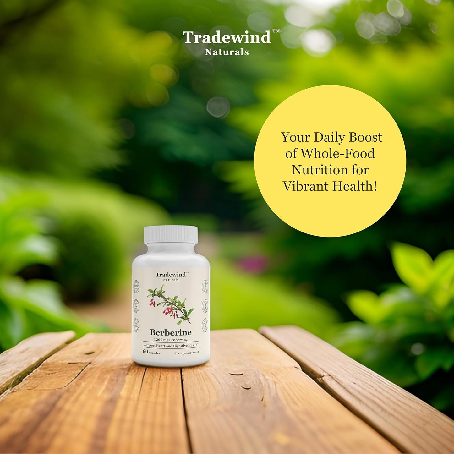 1200mg Tradewind Naturals Berberine Capsules - Vegan & Non-GMO - Promotes Heart, Digestive, and Immune Health - 60 Veg Caps