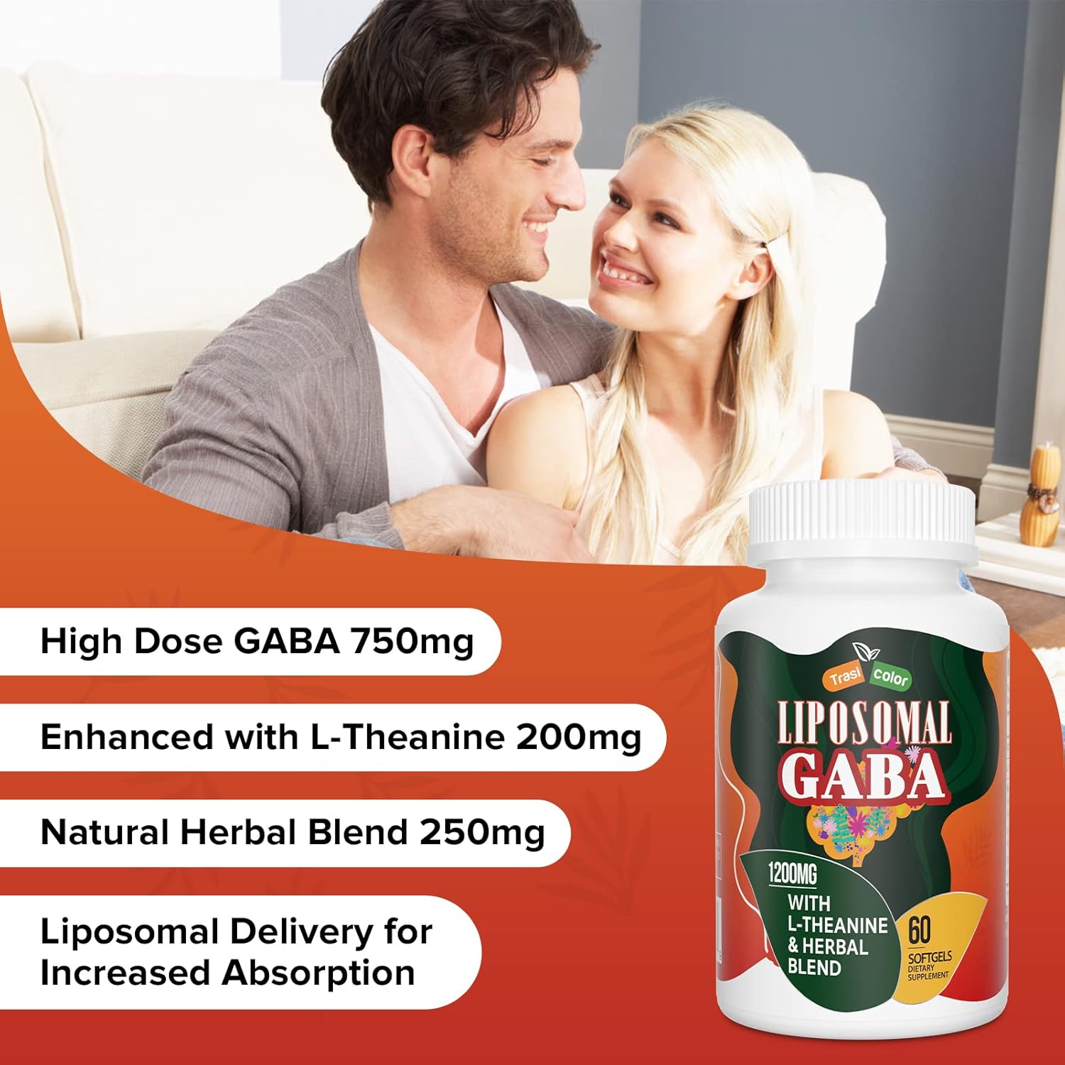 1200mg Trasicolor Liposomal GABA & L-Theanine Softgels with Ashwagandha, Chamomile, and Tart Cherry - High Absorption GABA Complex for Men and Women
