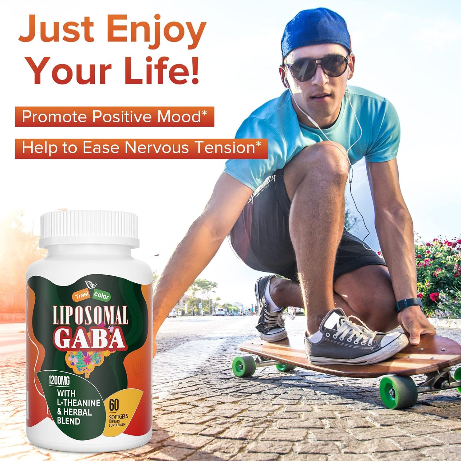 1200mg Trasicolor Liposomal GABA & L-Theanine Softgels with Ashwagandha, Chamomile, and Tart Cherry - High Absorption GABA Complex for Men and Women