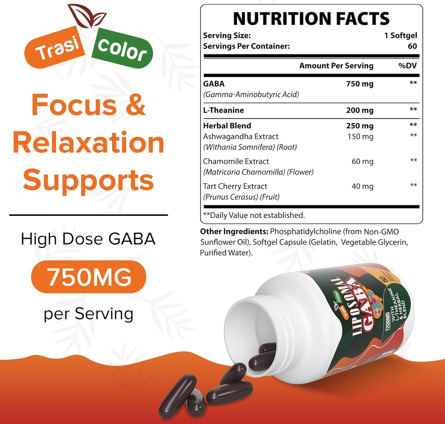 1200mg Trasicolor Liposomal GABA & L-Theanine Softgels with Ashwagandha, Chamomile, and Tart Cherry - High Absorption GABA Complex for Men and Women