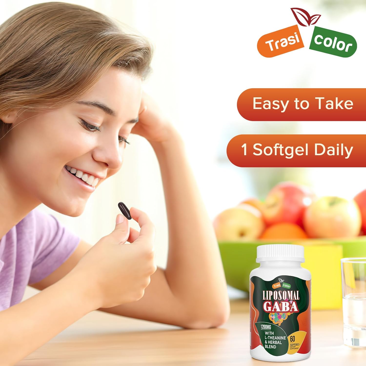 1200mg Trasicolor Liposomal GABA & L-Theanine Softgels with Ashwagandha, Chamomile, and Tart Cherry - High Absorption GABA Complex for Men and Women