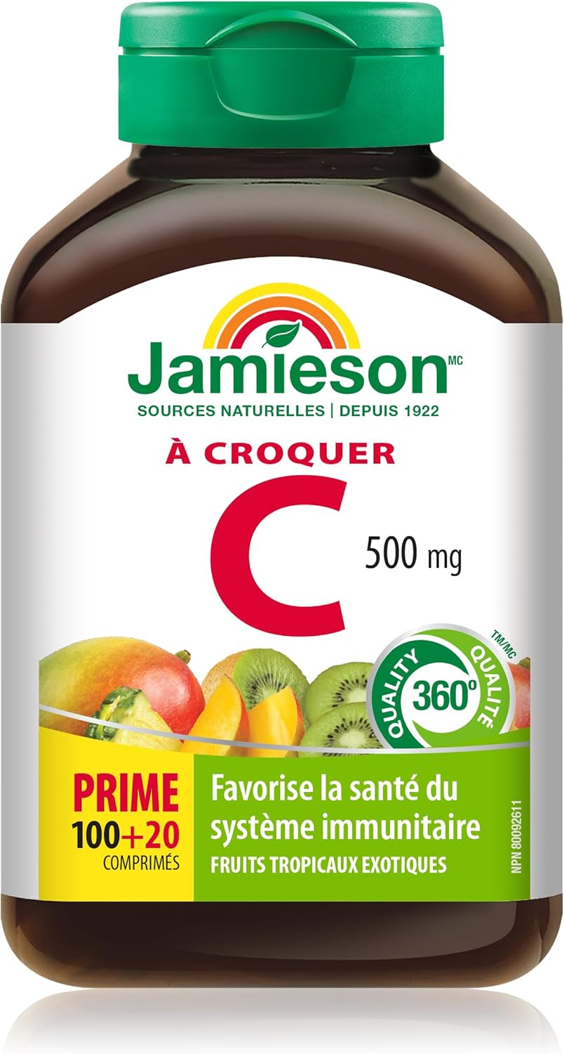 120ct Jamieson Chewable Vitamin C 500 mg with Exotic Tropical Fruit Flavor, Imported from Canada