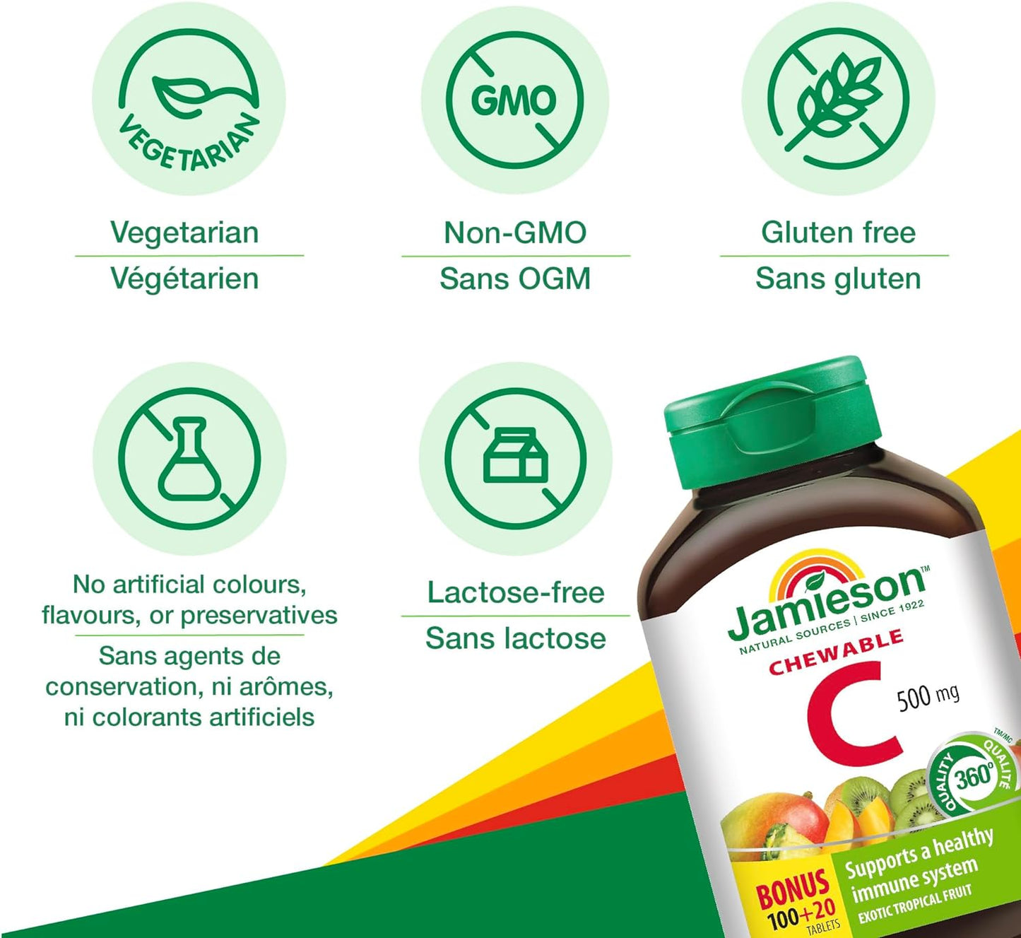120ct Jamieson Chewable Vitamin C 500 mg with Exotic Tropical Fruit Flavor, Imported from Canada