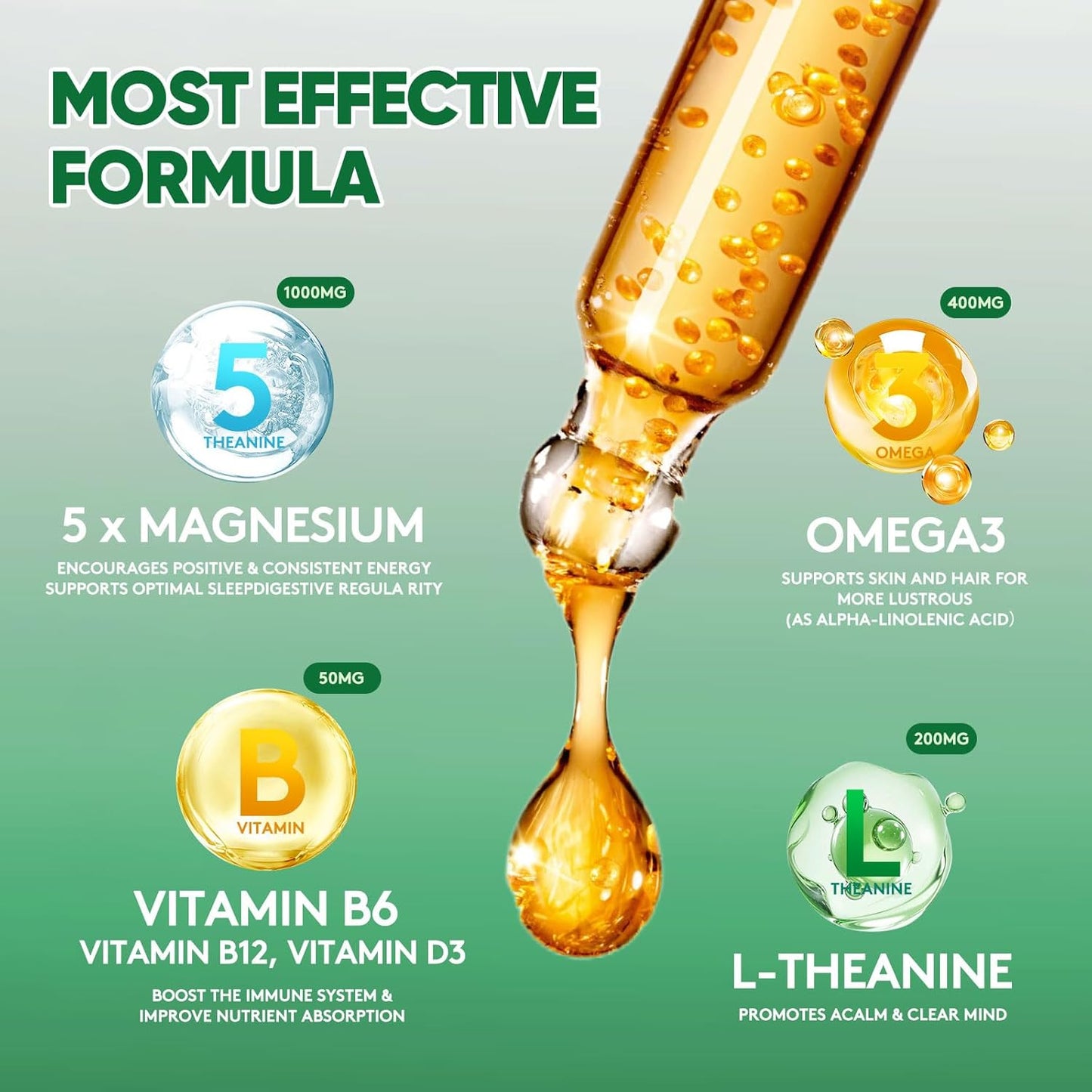 120ML Magnesium Glycinate Liquid Supplement with Citrate, Taurate, Omega3, L-Theanine, D3, B6, B12 - Pineapple Flavor - Large 4FL OZ Capacity