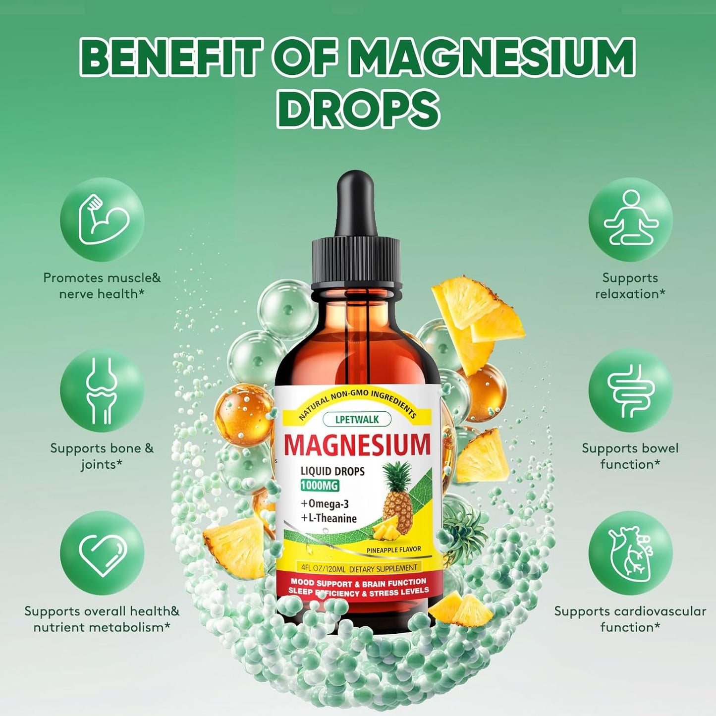 120ML Magnesium Glycinate Liquid Supplement with Citrate, Taurate, Omega3, L-Theanine, D3, B6, B12 - Pineapple Flavor - Large 4FL OZ Capacity