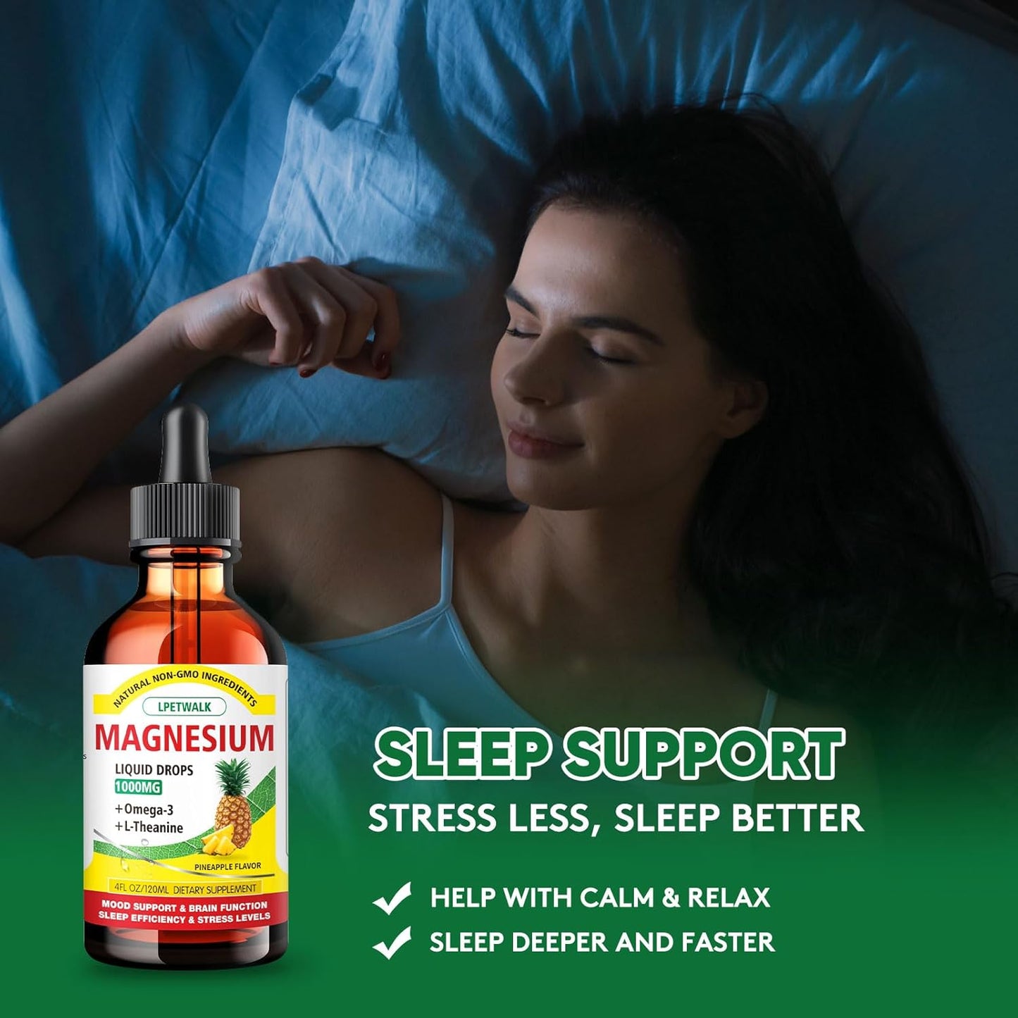 120ML Magnesium Glycinate Liquid Supplement with Citrate, Taurate, Omega3, L-Theanine, D3, B6, B12 - Pineapple Flavor - Large 4FL OZ Capacity