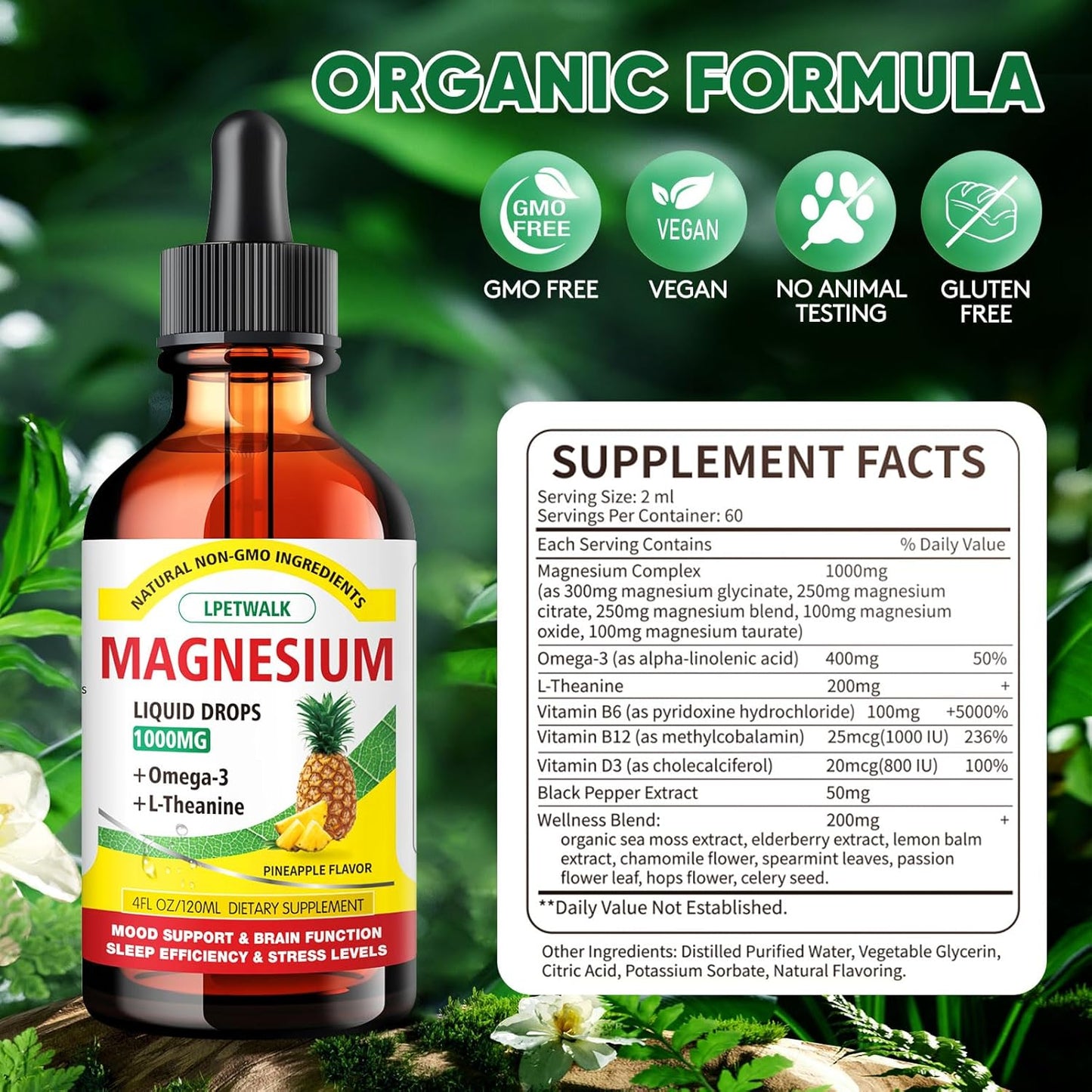 120ML Magnesium Glycinate Liquid Supplement with Citrate, Taurate, Omega3, L-Theanine, D3, B6, B12 - Pineapple Flavor - Large 4FL OZ Capacity