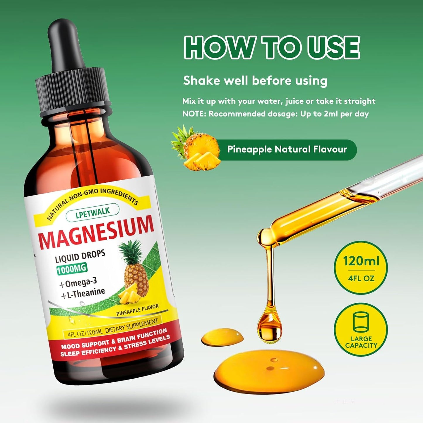 120ML Magnesium Glycinate Liquid Supplement with Citrate, Taurate, Omega3, L-Theanine, D3, B6, B12 - Pineapple Flavor - Large 4FL OZ Capacity