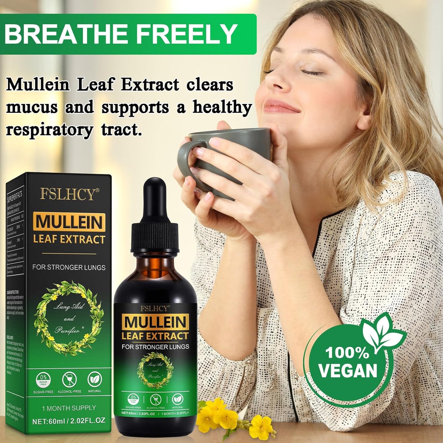 120ML Mullein Leaf Extract Drops for Lung Cleanse - Natural Supplement for Immune & Respiratory Health Support - Ideal for Smokers
