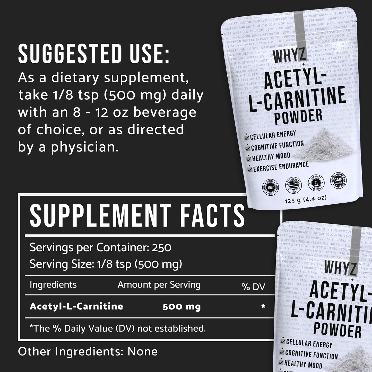 125g Gluten-Free ALCAR Powder for Cognitive Function & Energy - 250 Servings