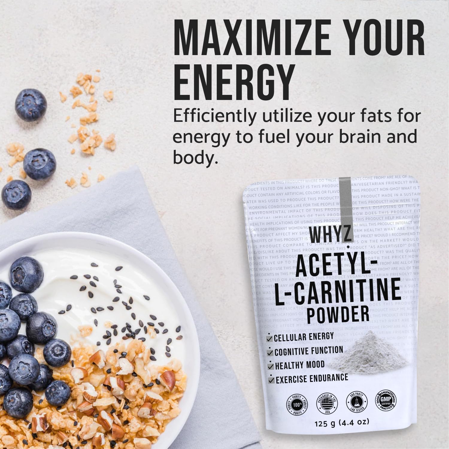 125g Gluten-Free ALCAR Powder for Cognitive Function & Energy - 250 Servings