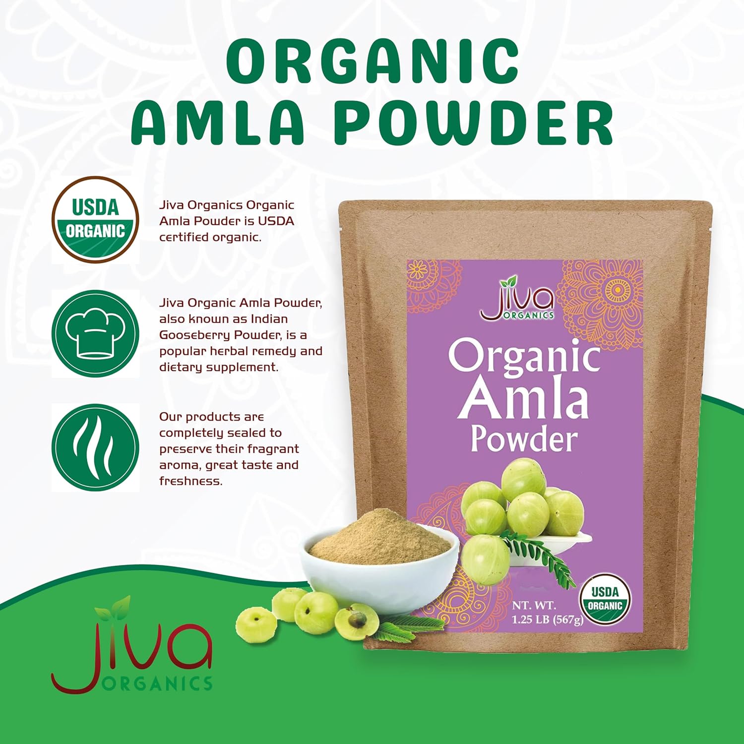 1.25LB Jiva Organics Amla Powder - Gluten Free, Non-GMO, Pure Amalaki Powder, Vitamin C, Lab Tested, 100% Raw & Natural