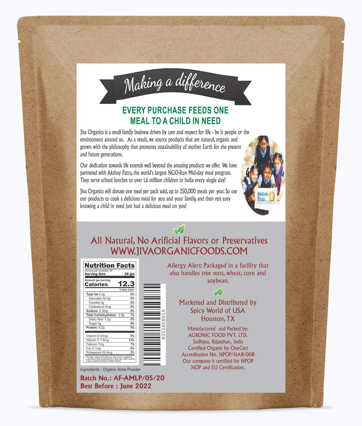 1.25LB Jiva Organics Amla Powder - Gluten Free, Non-GMO, Pure Amalaki Powder, Vitamin C, Lab Tested, 100% Raw & Natural