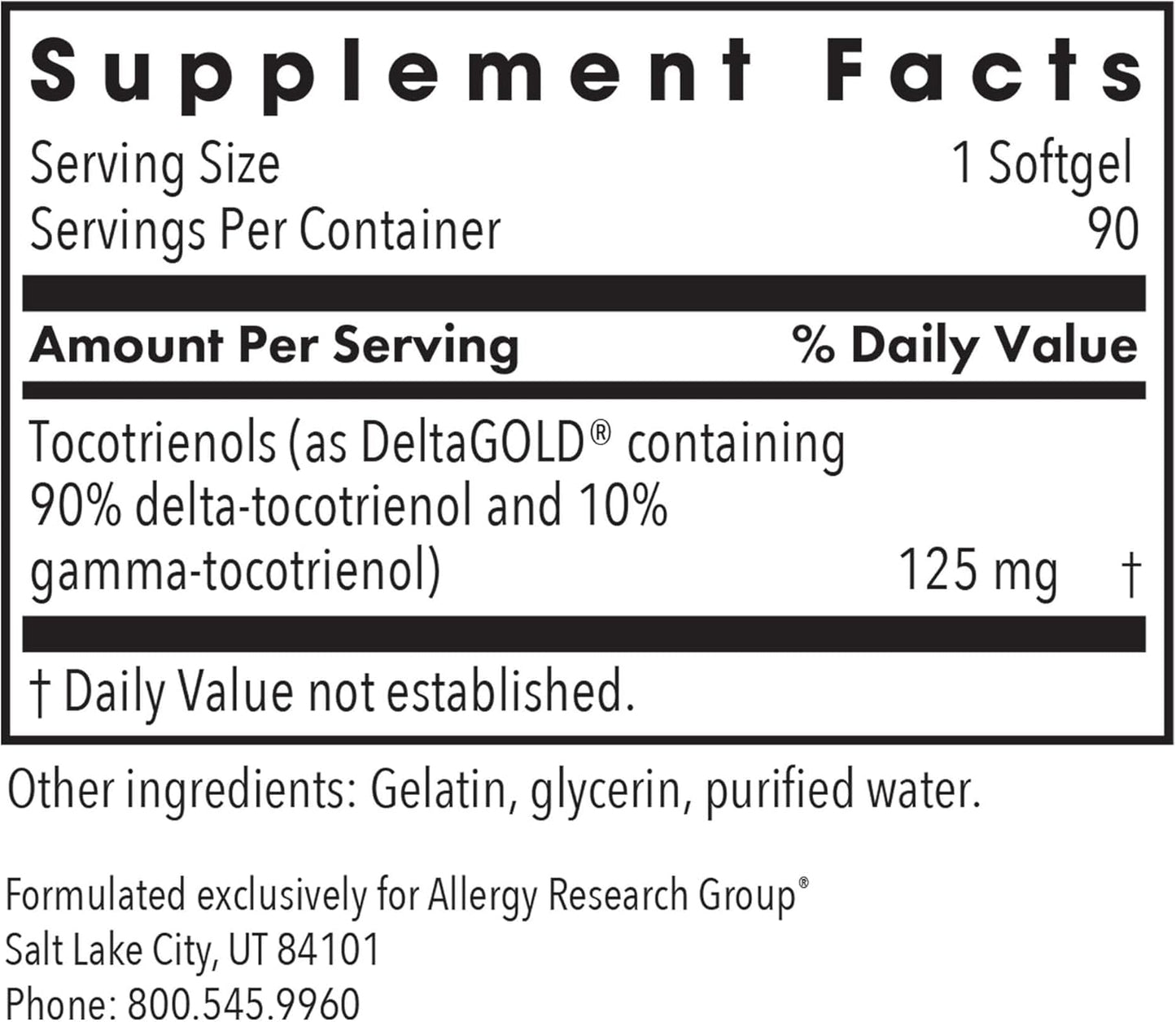 125mg Allergy Research Group Delta-Fraction Tocotrienols Supplement - Annatto, Gamma - 90 Softgels