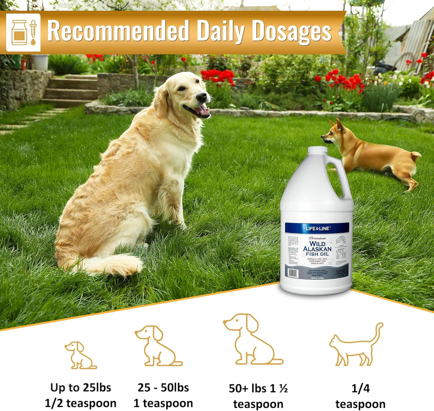 128oz Life Line Pet Nutrition Wild Alaskan Fish Oil Omega-3 Supplement for Skin & Coat - Supports Brain, Eye & Heart Health in Dogs & Cats