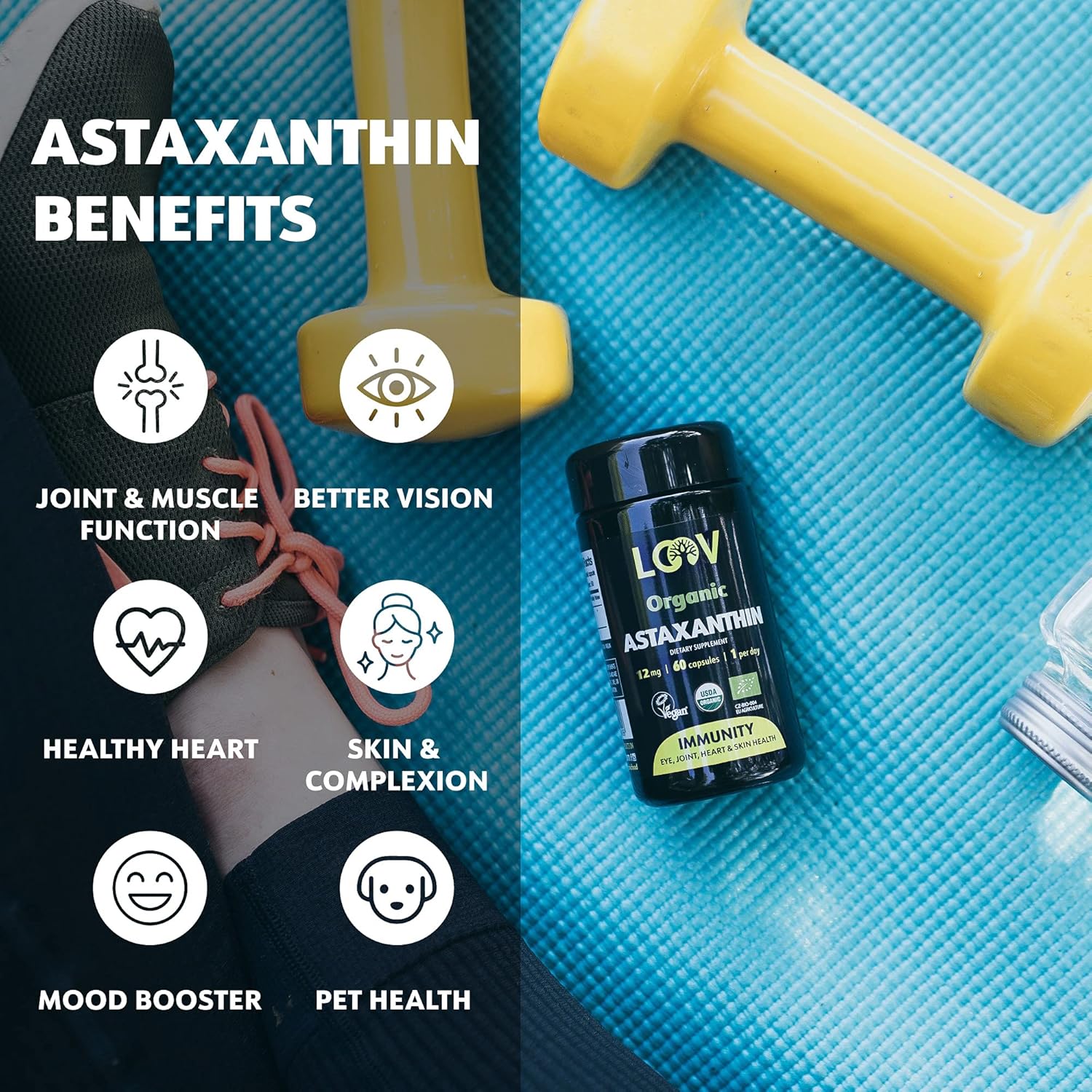 12mg Astaxanthin Supplement - 60-Day Supply - High Antioxidant Strength for Eye, Joint, Skin, Immunity - Organic Microalgae - Non-GMO, Vegan, Sustainable