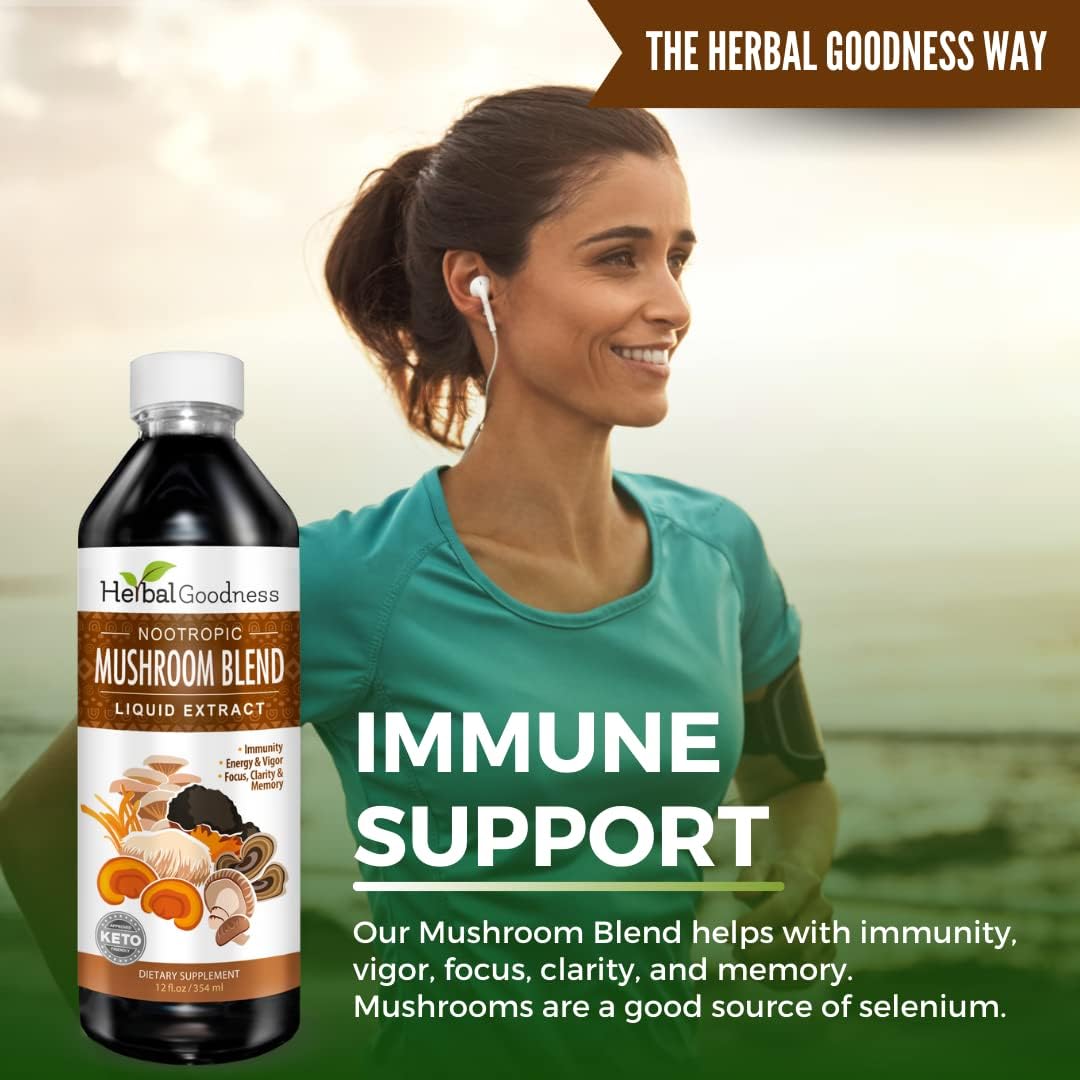12oz Herbal Goodness Nootropic Mushroom Blend Extract Supplement for Mental Clarity, Focus, and Immune Support
