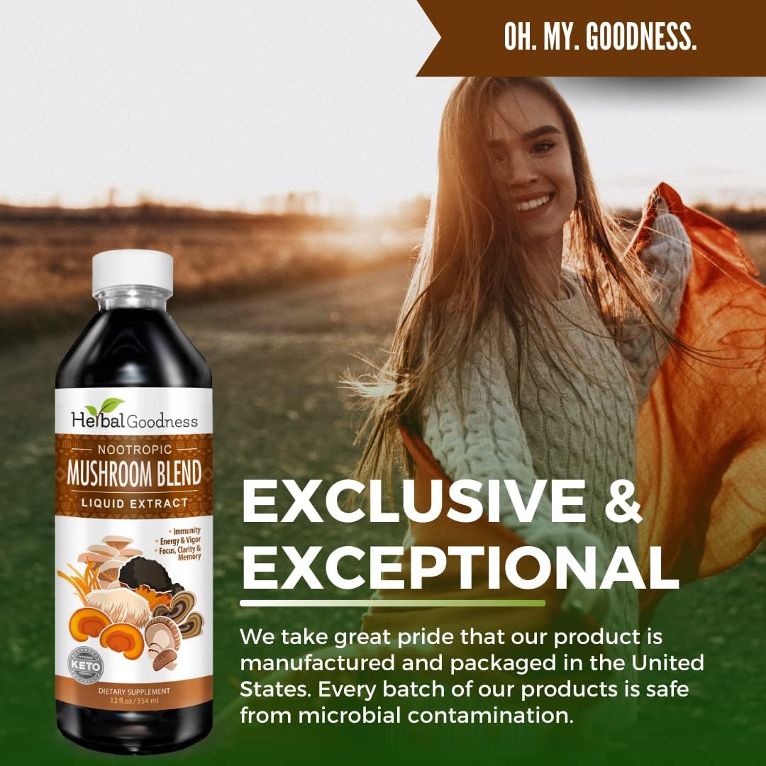 12oz Herbal Goodness Nootropic Mushroom Blend Extract Supplement for Mental Clarity, Focus, and Immune Support