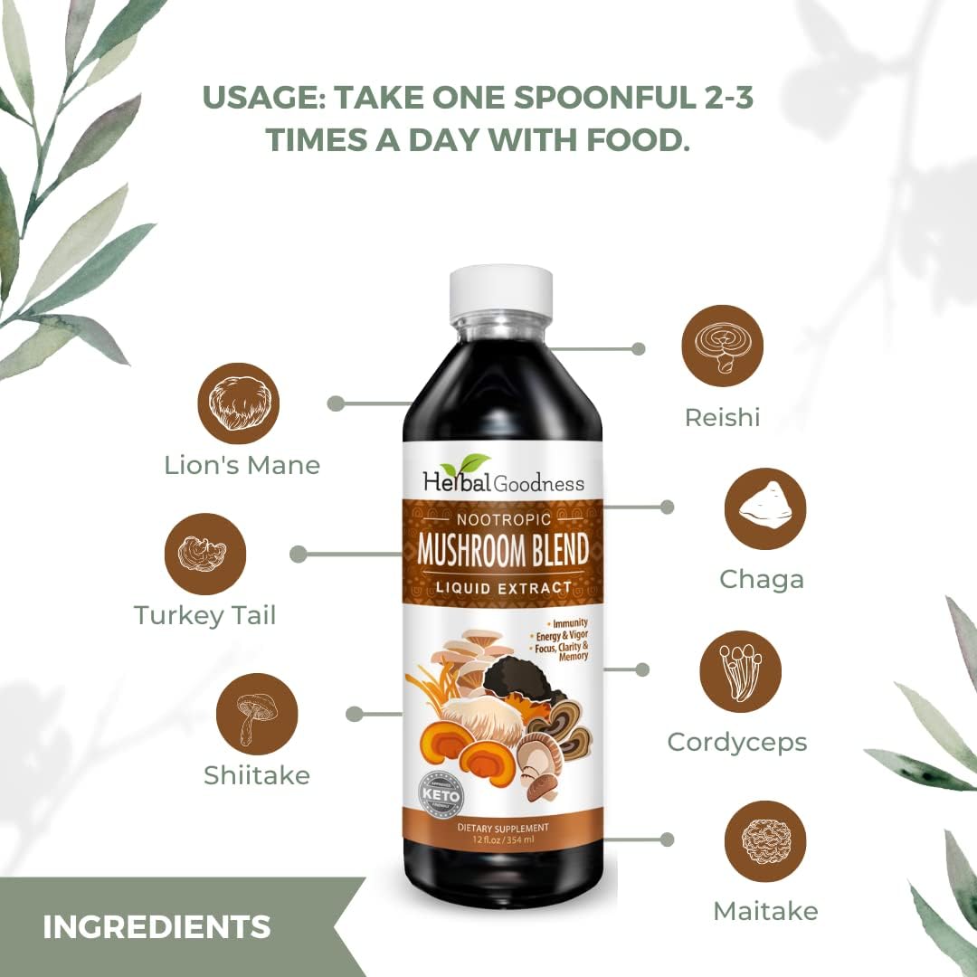 12oz Herbal Goodness Nootropic Mushroom Blend Extract Supplement for Mental Clarity, Focus, and Immune Support