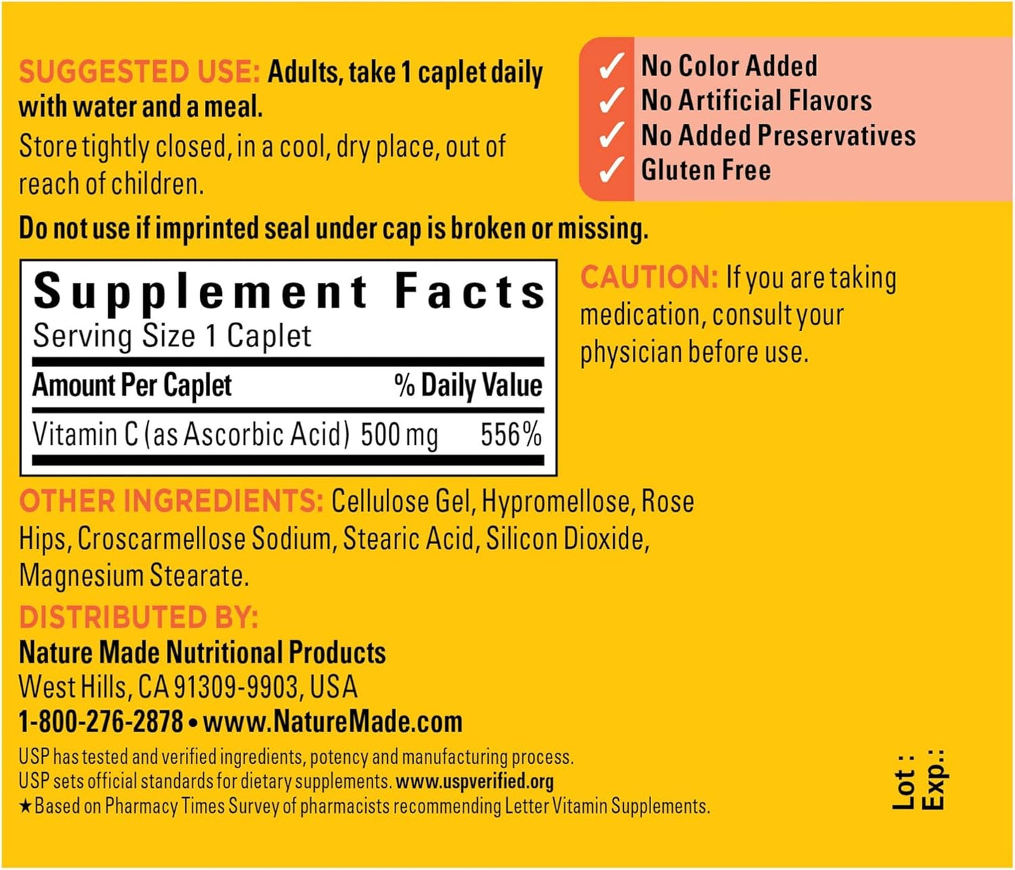 130 Count Nature Made Vitamin C 500 mg Caplets with Rose Hips for Immune Support