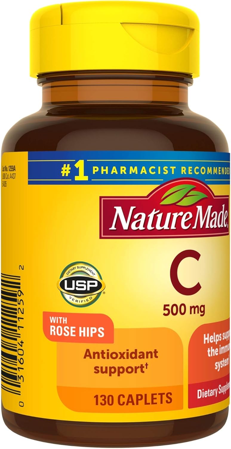 130 Count Nature Made Vitamin C 500 mg Caplets with Rose Hips for Immune Support