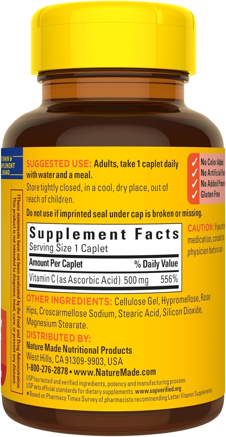130 Count Nature Made Vitamin C 500 mg Caplets with Rose Hips for Immune Support