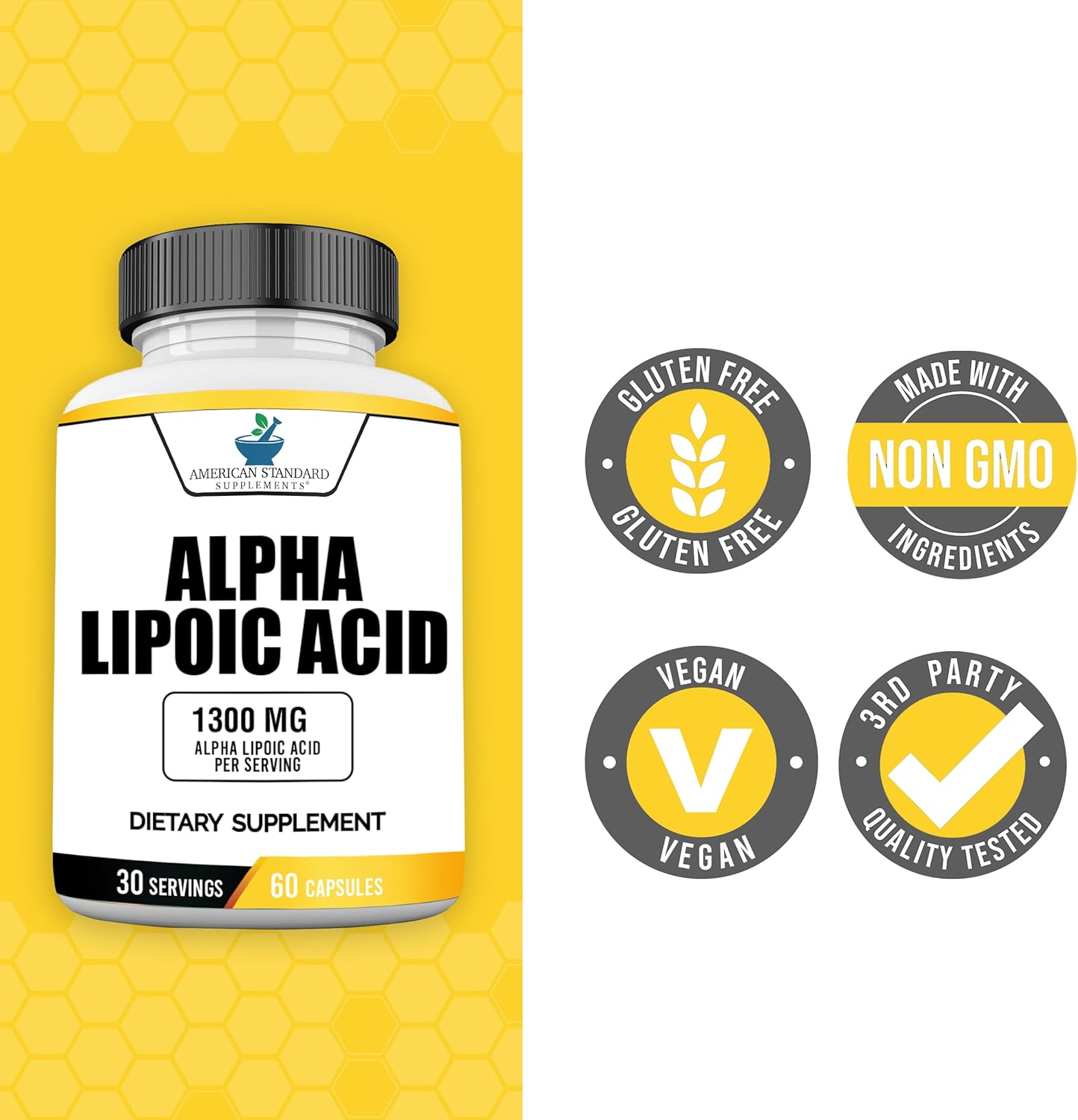 1300mg Alpha Lipoic Acid Capsules - Vegan, Gluten Free, Non-GMO - 60 Capsules, 30 Servings by American Standard Supplements